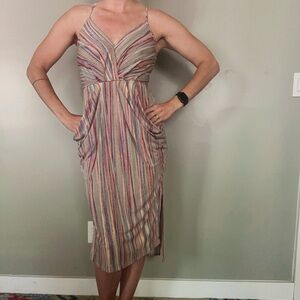 BCBG Draped Midi Dress Pastel Stripes